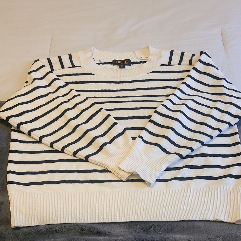 Cream and Black Striped Crew Neck Sweater